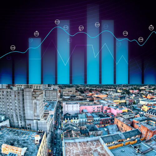 US economy showing slight growth with a bustling cityscape and financial graphs